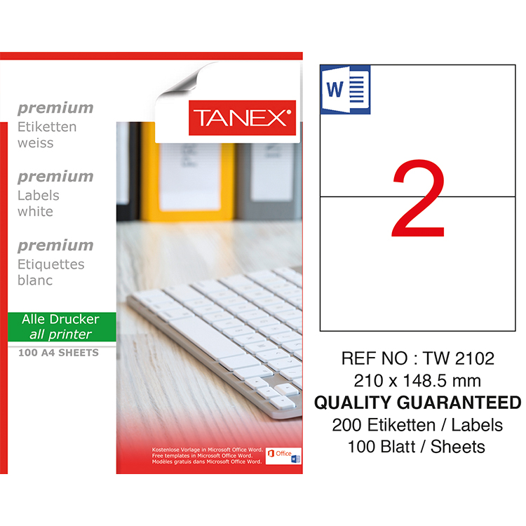 Tanex Lazer Etiket Tw-2102 210*148.5 Mm Beyaz 100Lü